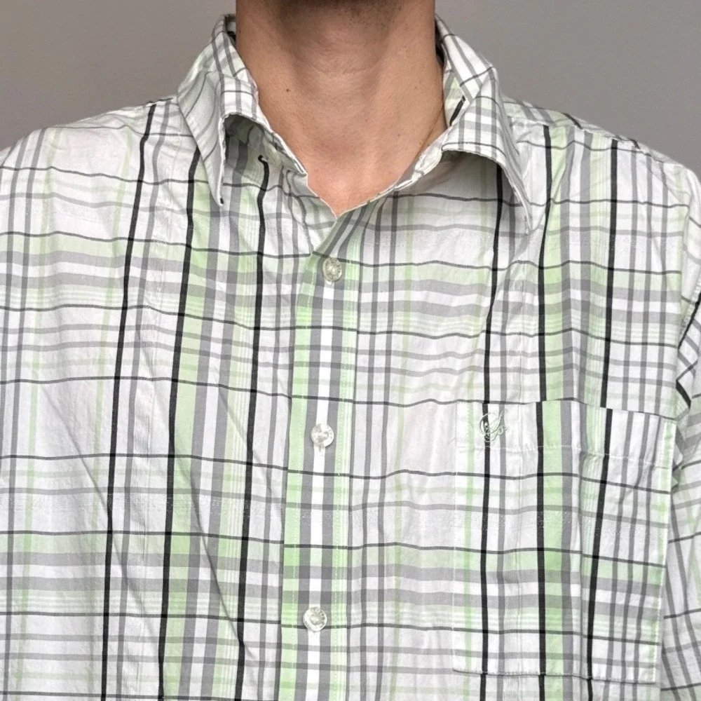 Southpole Mens XL Short Sleeve Button Down Shirt Plaid Lime Green Y2K Baggy - Picture 5 of 11